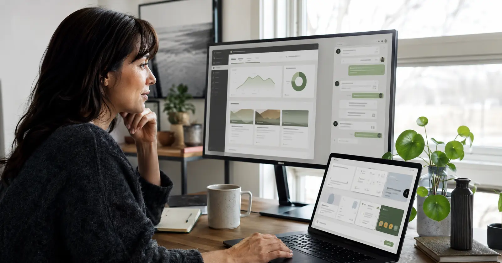 Small-business owner reviewing AI-assisted website content and design on desktop and tablet screens