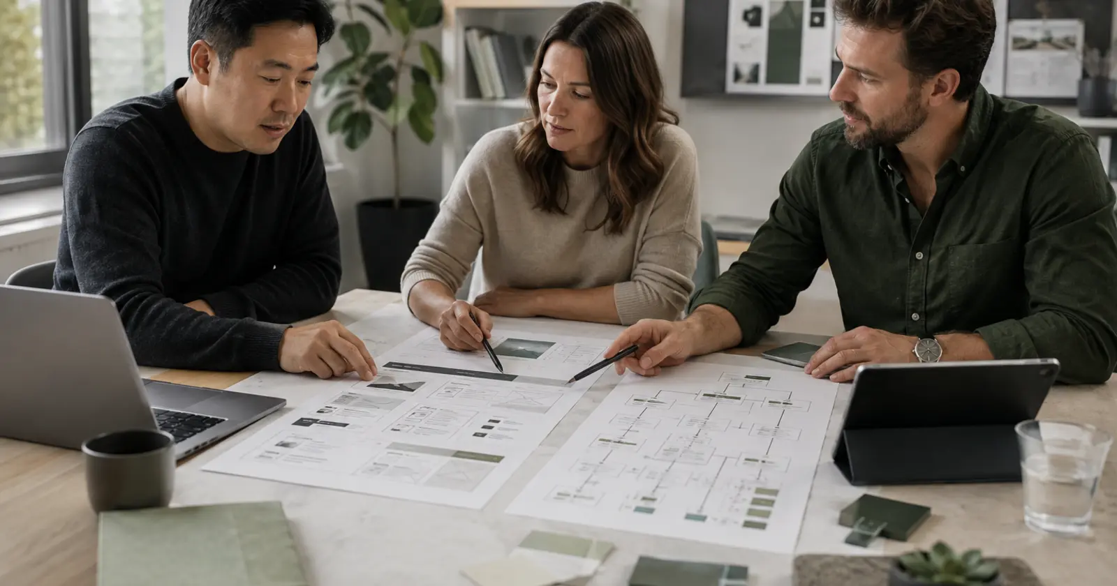 Website team comparing an existing page layout with plans for a new business website